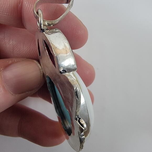 Larimar Pendant Necklace – With Garnet Accents + 20" Silver Snake Chain - Picture 4 of 10